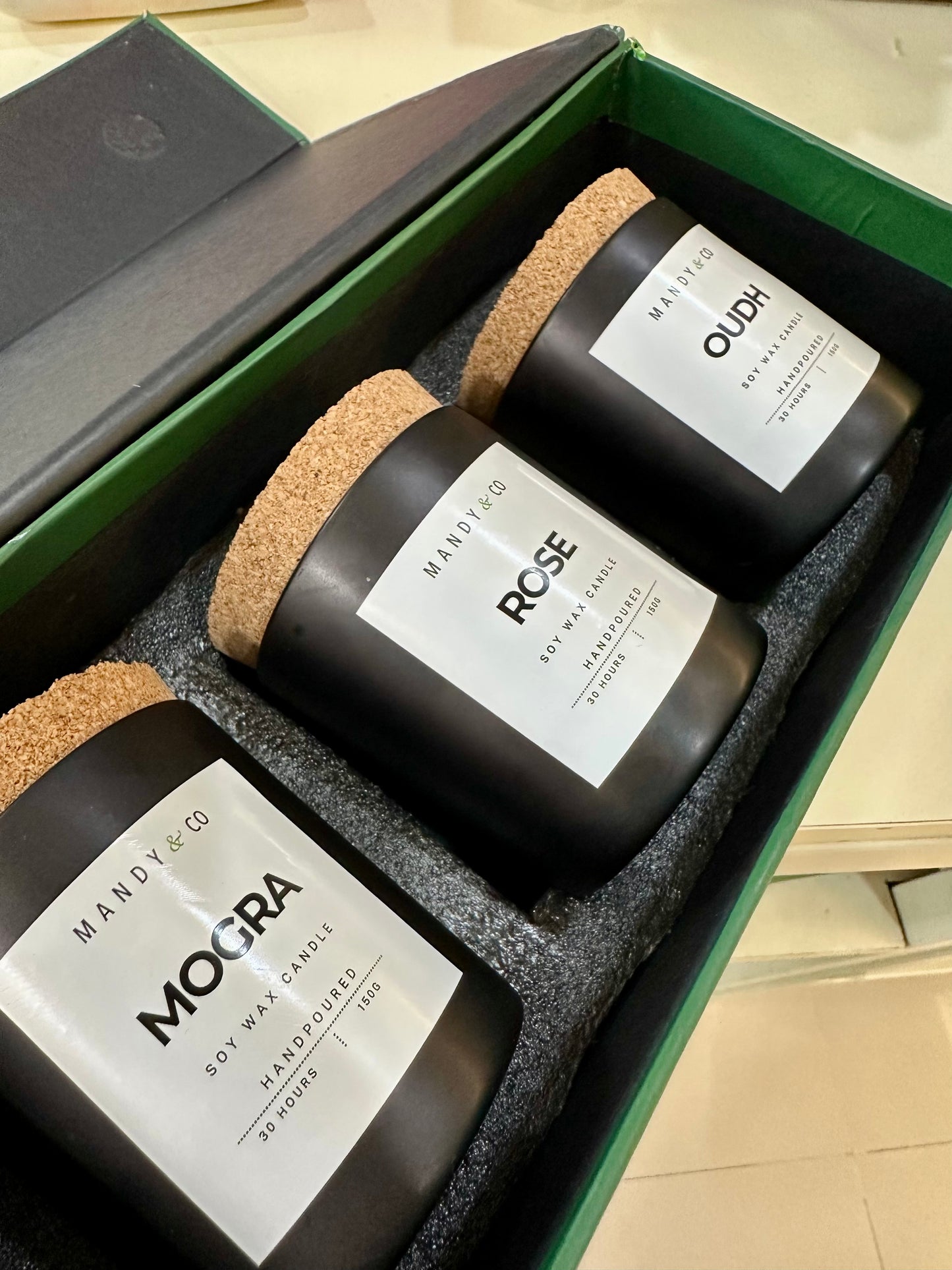 Luxury Black Jar Soy Candle Gift Set – Pack of 3 (Mogra, Oudh & Rose) | Handmade | 100ml Each – Mandy & C