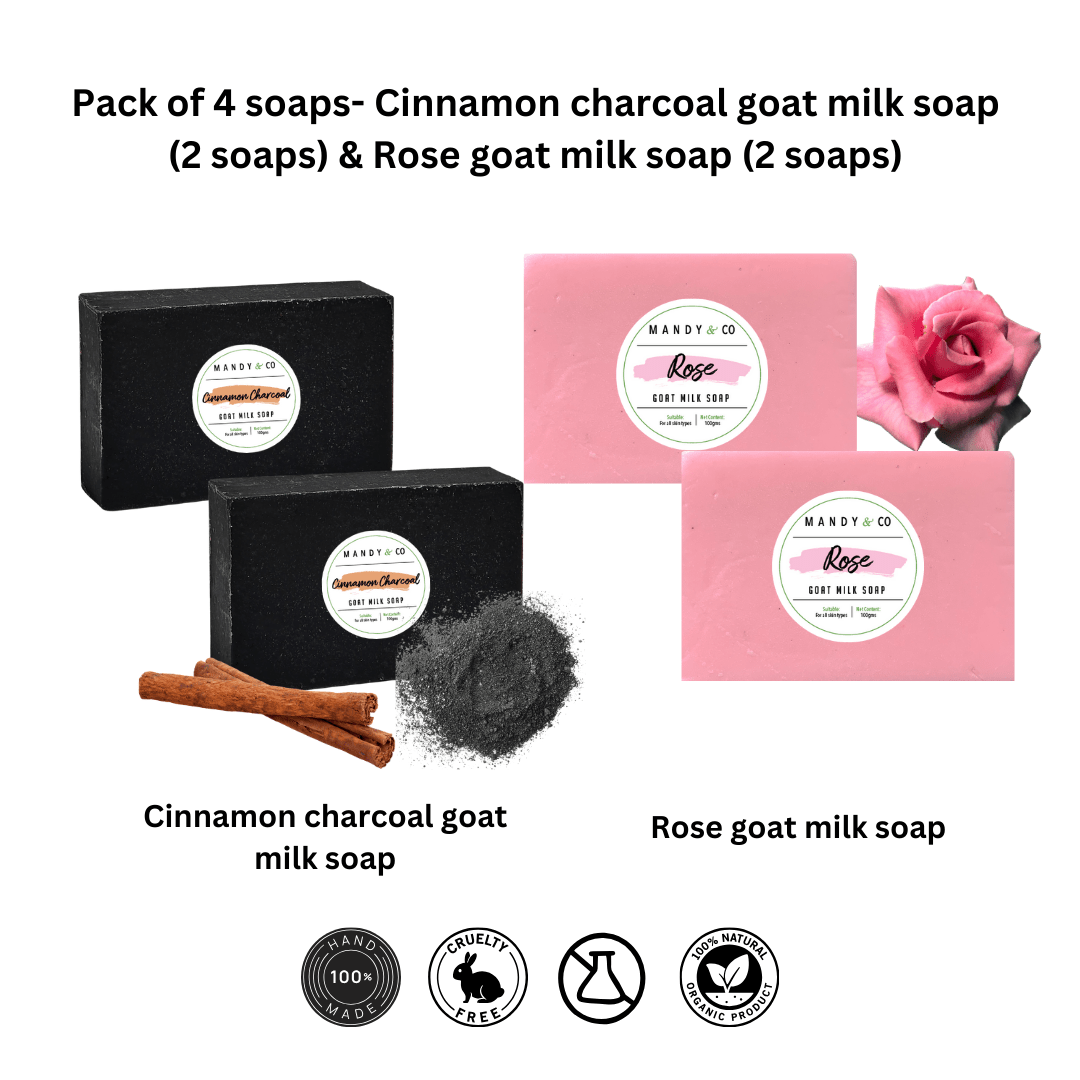 Pack of 4 soaps: Cinnamon charcoal goat milk soap & Rose goat milk soap - Mandy and Co