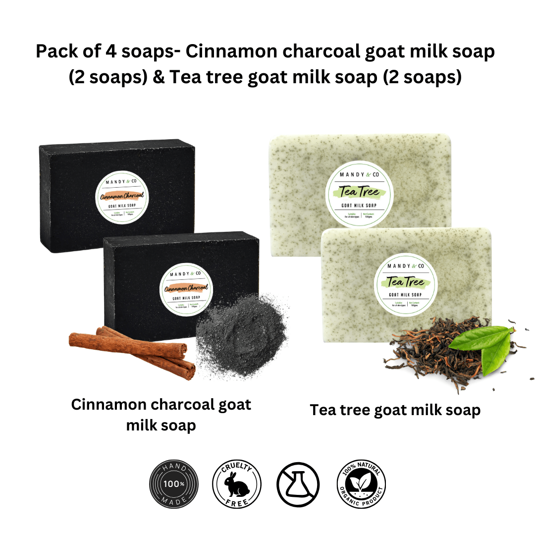 Pack of 4 soaps: Cinnamon charcoal goat milk soap & Tea tree goat milk soap - Mandy and Co