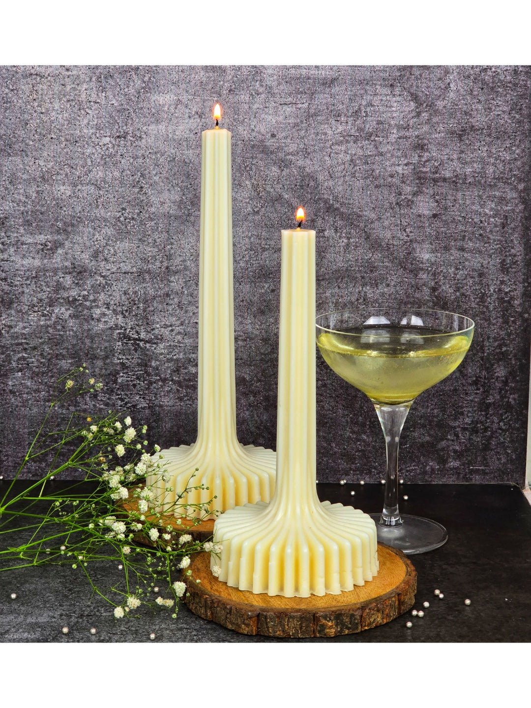 Ribbed Pillar Soy Candle – Set of 2 | Oudh Scent - Mandy and Co