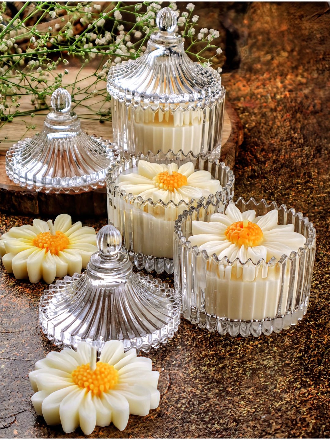 Daisy Glass Jar Soy Candle – Pack of 2 | Oud Scent - Mandy and Co