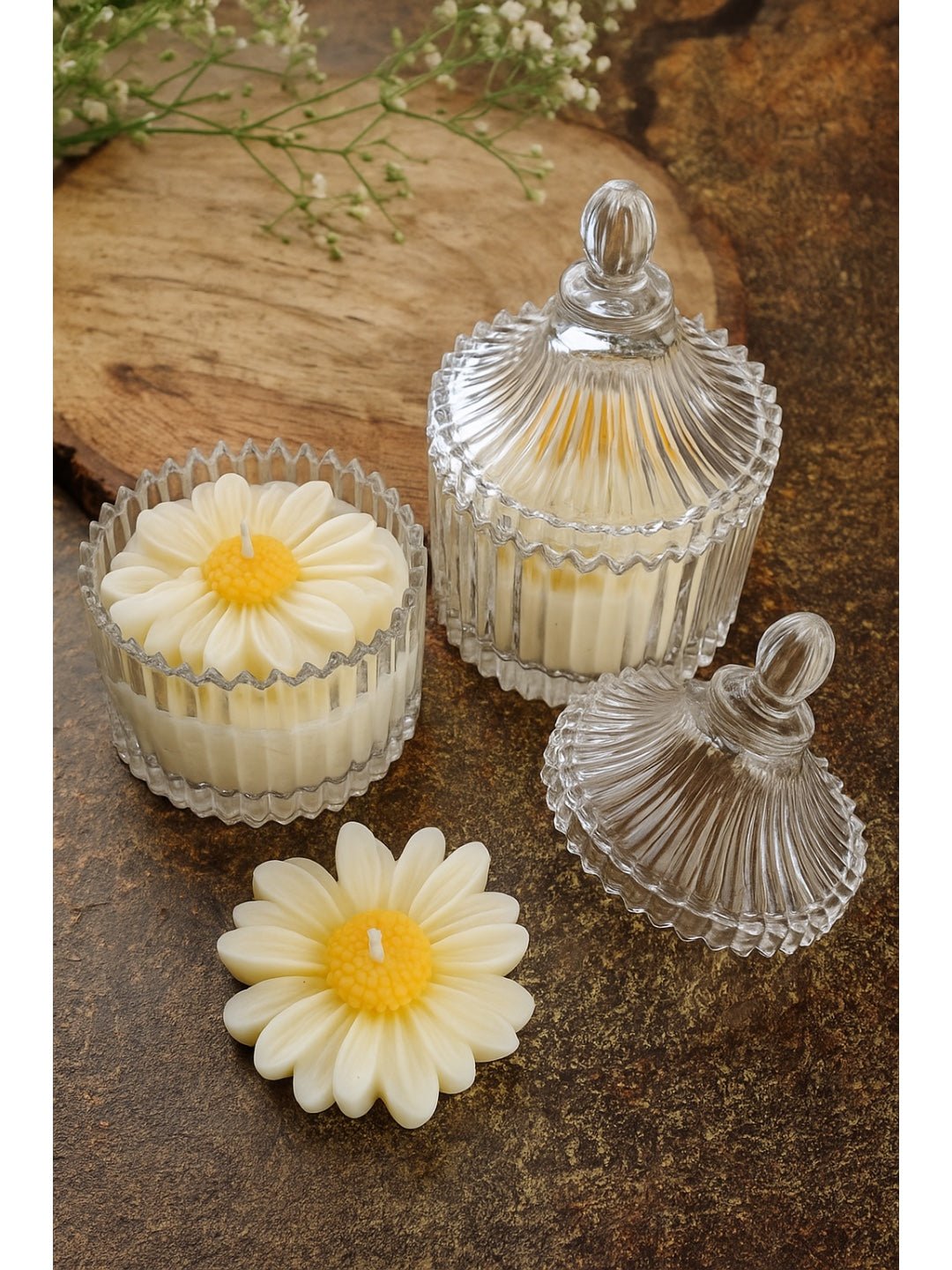 Daisy Glass Jar Soy Candle – Pack of 2 | Oud Scent - Mandy and Co