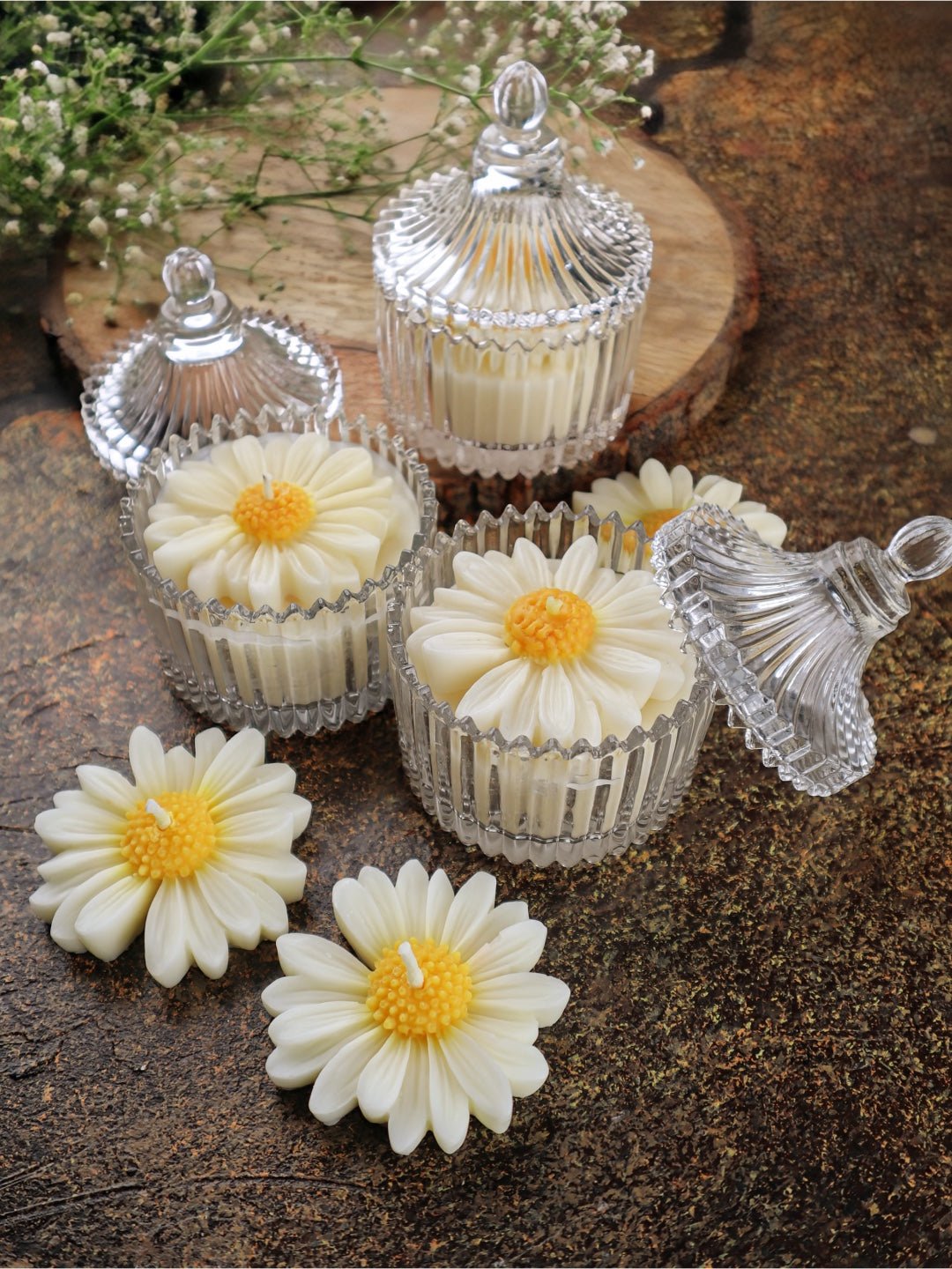Daisy Glass Jar Soy Candle – Pack of 2 | Oud Scent - Mandy and Co