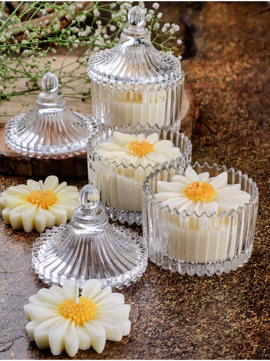 Daisy Glass Jar Soy Candle – Pack of 3 | Oud Scent - Mandy and Co