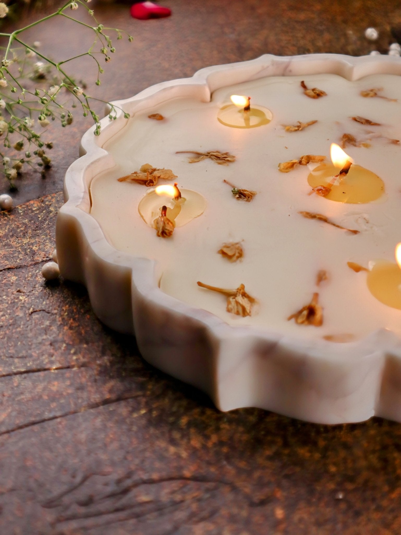 Lotus Marble Urli Soy Candle – 9 Inch Mogra Scent - Mandy and Co