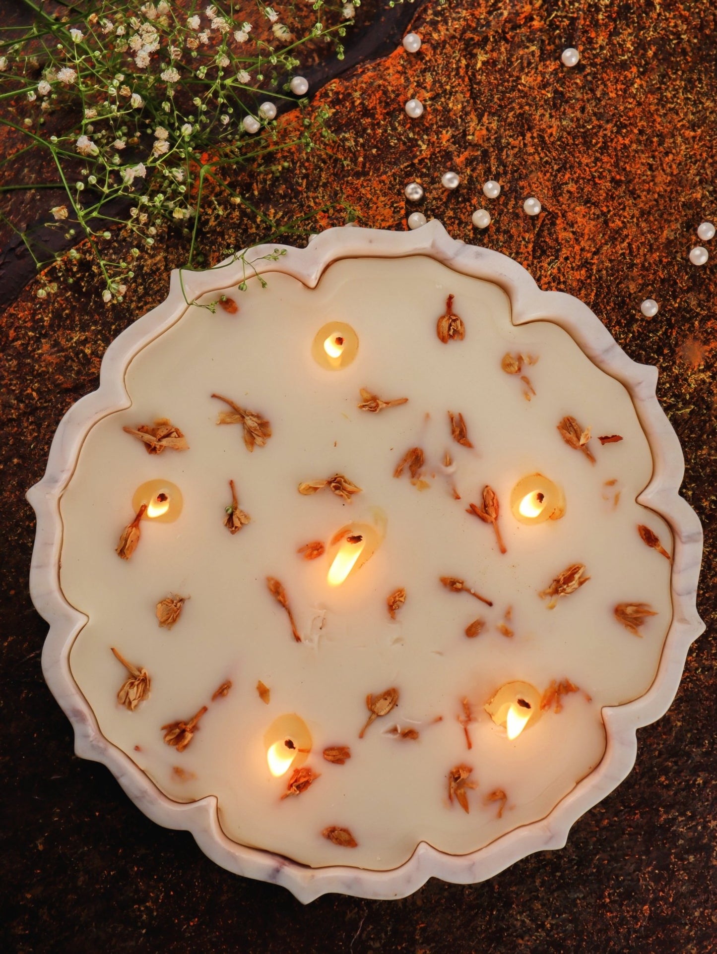Lotus Marble Urli Soy Candle – 9 Inch Mogra Scent - Mandy and Co