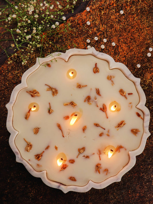Lotus Marble Urli Soy Candle – 9 Inch Mogra Scent - Mandy and Co