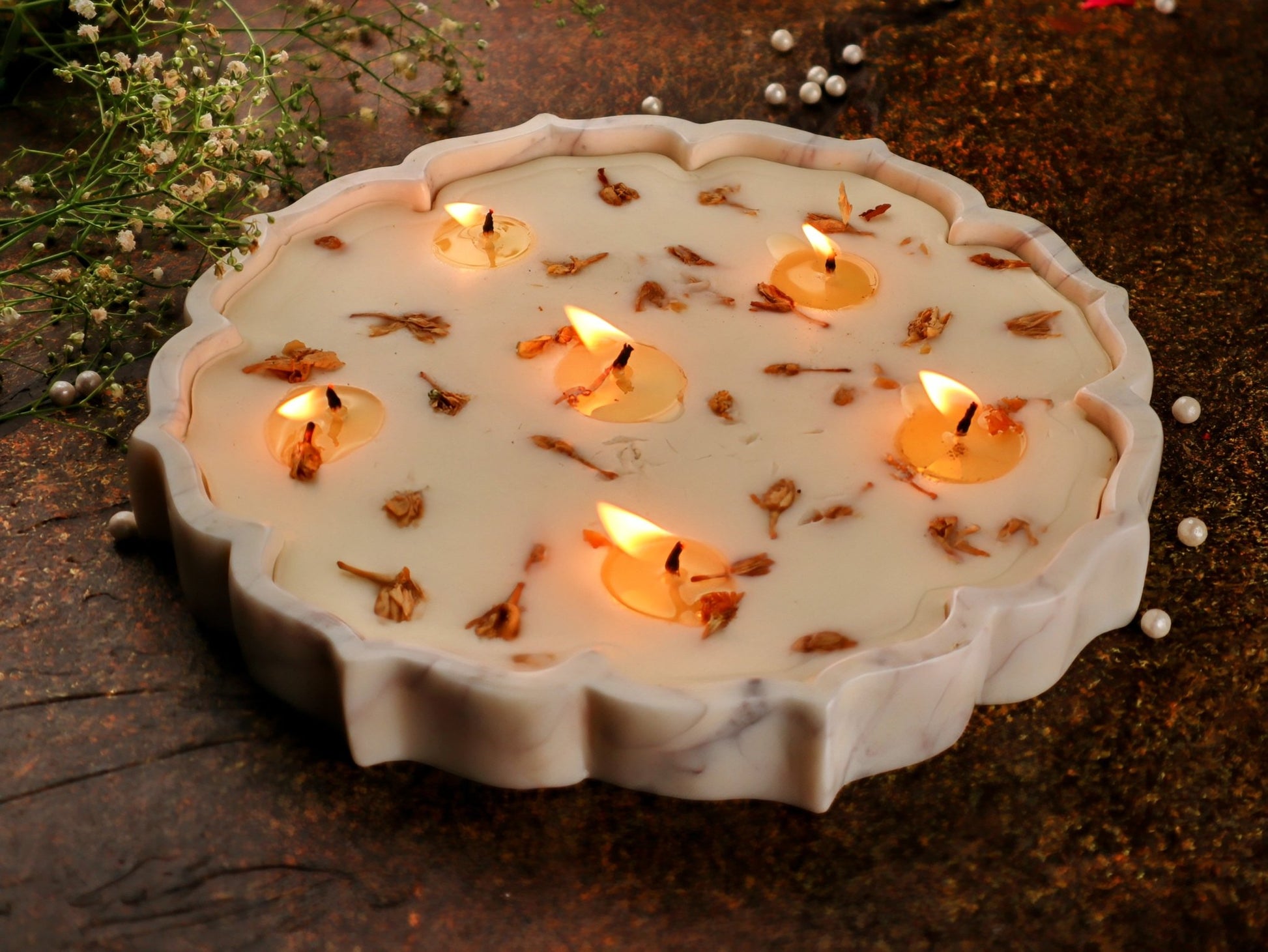 Lotus Marble Urli Soy Candle – 9 Inch Mogra Scent - Mandy and Co