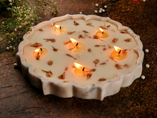 Lotus Marble Urli Soy Candle – 9 Inch Mogra Scent - Mandy and Co